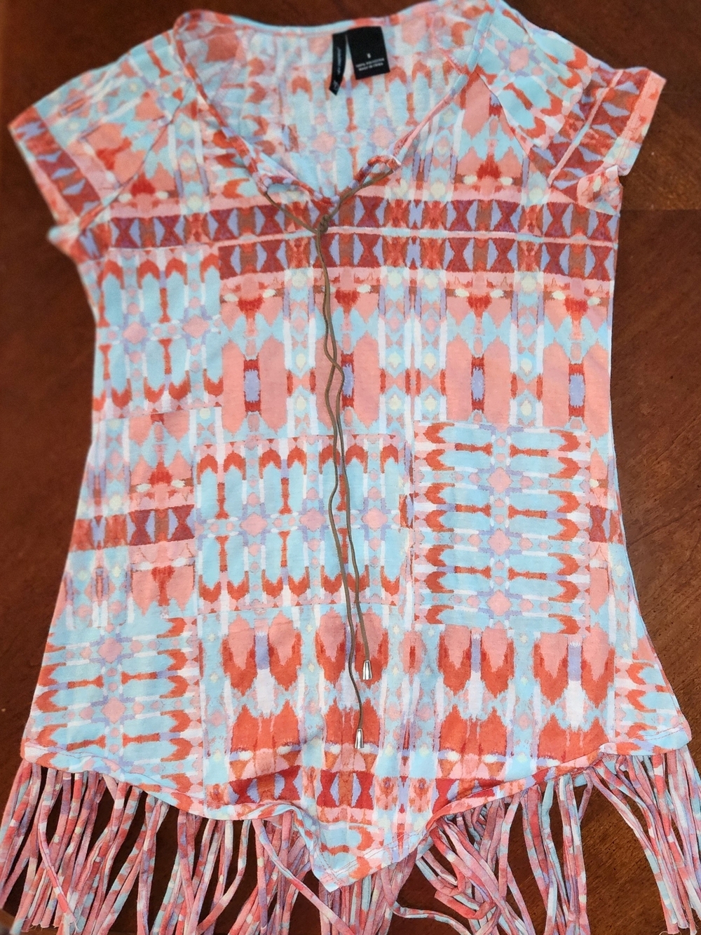 New Directions Top Multicolor Boho Cap Sleeve Fringe Casual Pullover Tunic Small